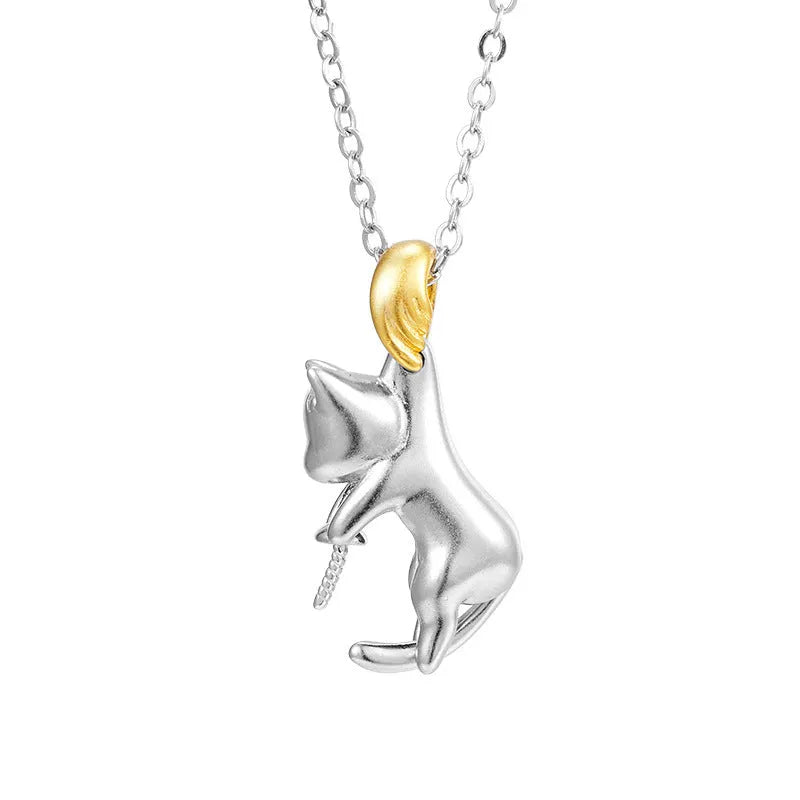 925 sterling silver clavicle chain necklace with cat motif and electroplated finish