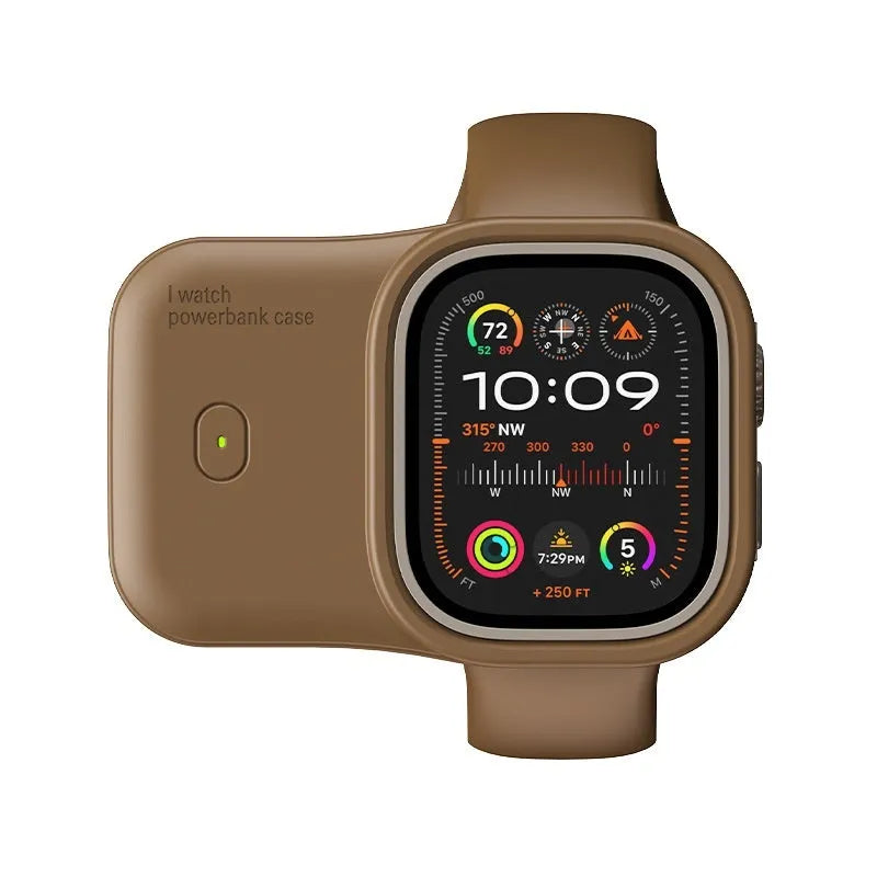 Apple Watch portable wireless charging case with silicone protector in brown, blue, and starlight colours.