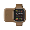 Apple Watch portable wireless charging case with silicone protector in brown, blue, and starlight colours.