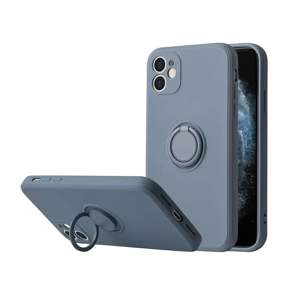 Liquid silicone iPhone 12 case with an integrated ring holder on the back, shown in a choice of colours.
