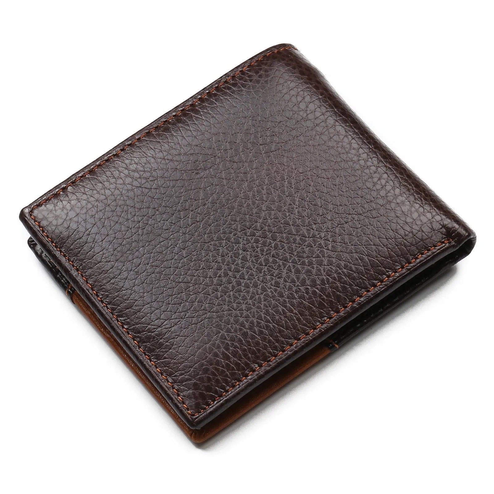 Men's soft cowhide leather trifold wallet open showing card slots, bill section, and zip compartment.