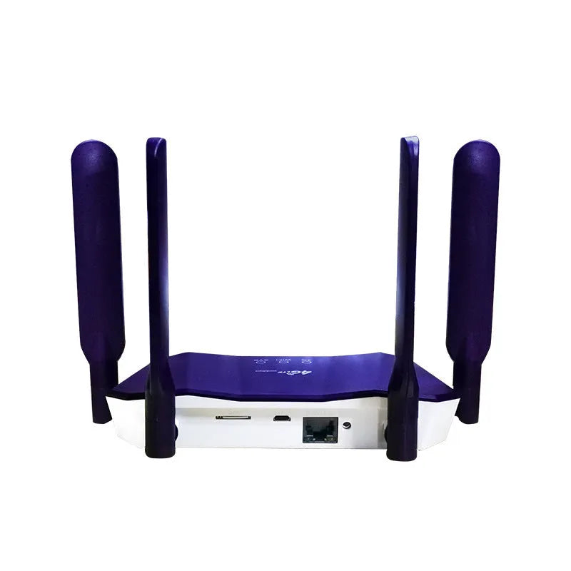 Blue 4G all network communication dual mode router with four external antennas showing front panel and dimensions