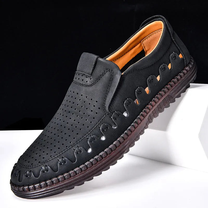 Men's brown slip-on casual shoes with artificial PU upper and visible sewing construction around PVC sole