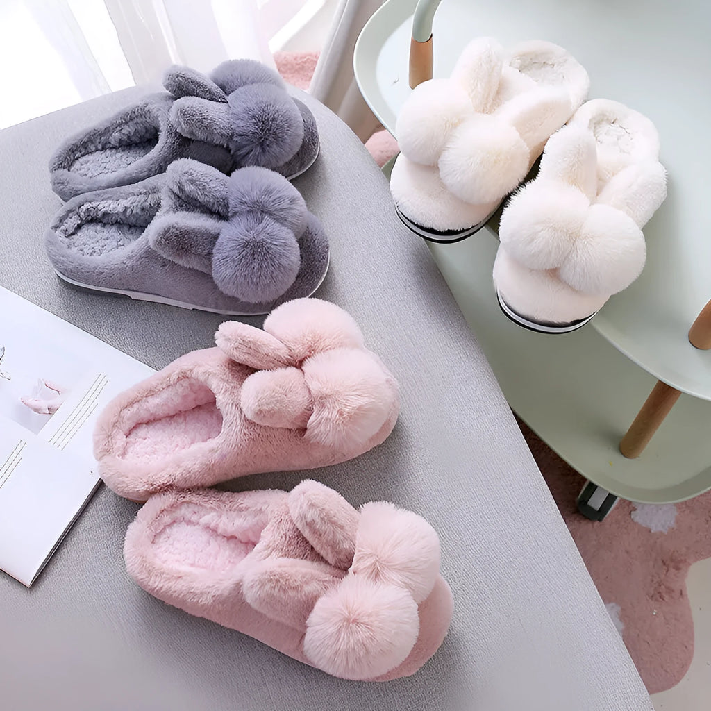 Bunny fluffy slippers with rabbit fur upper in coffee colour showing high shaft design