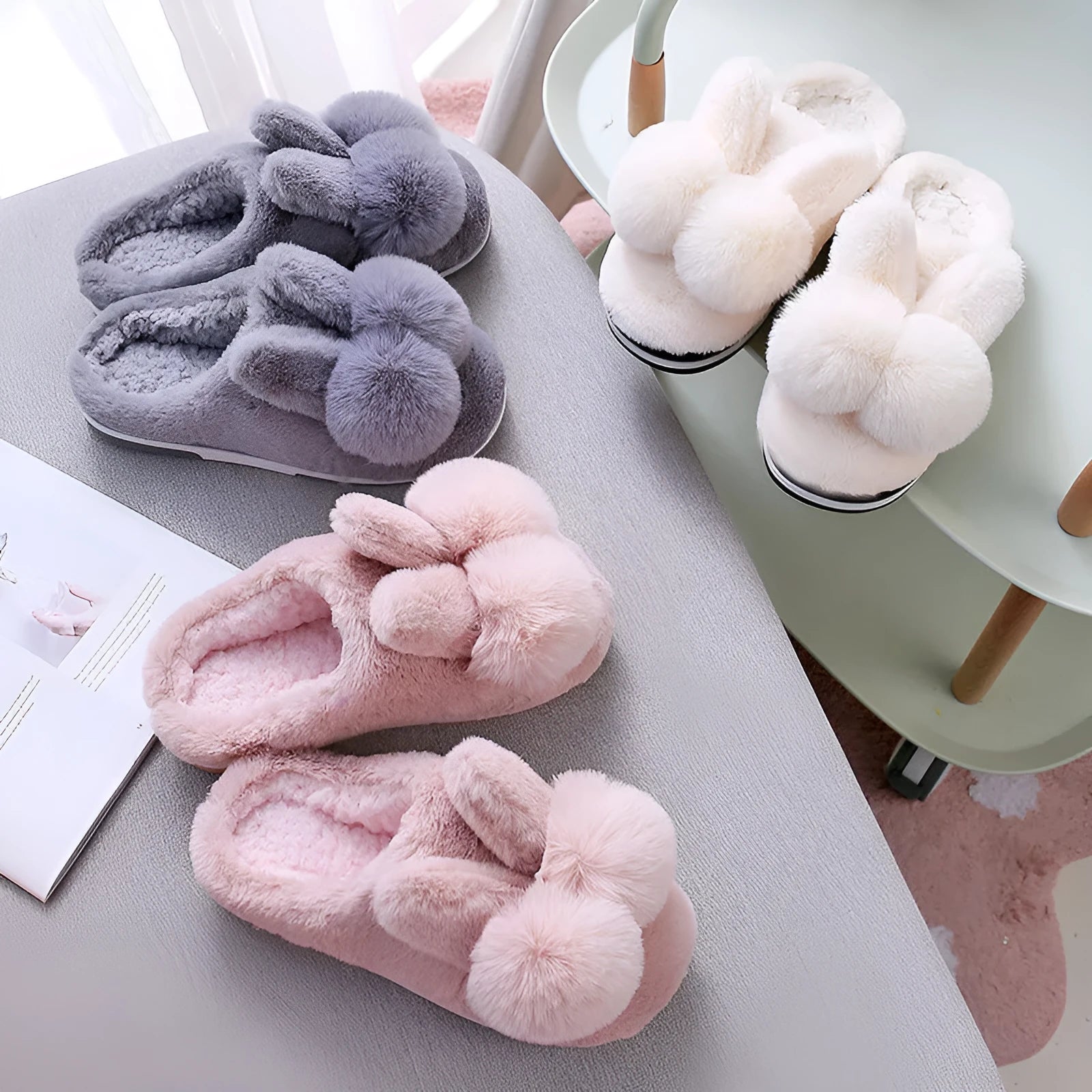 Bunny fluffy slippers with rabbit fur upper in coffee colour showing high shaft design