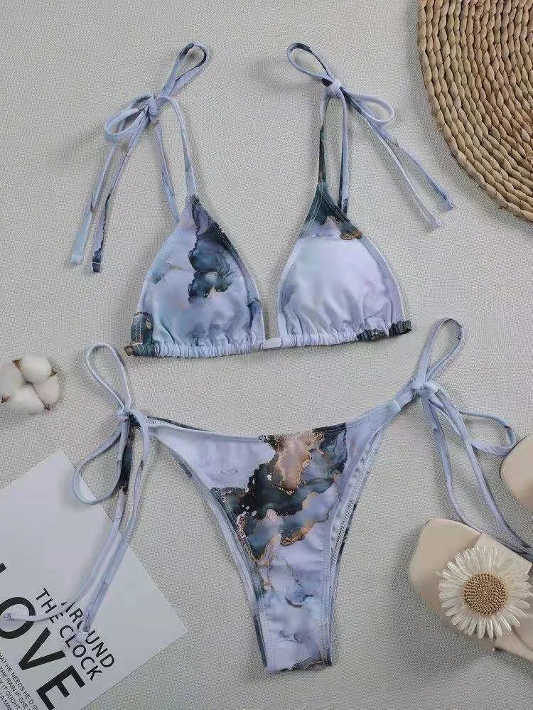 Women's marble tie-dye printed high waist bikini with U-neck design for swimming