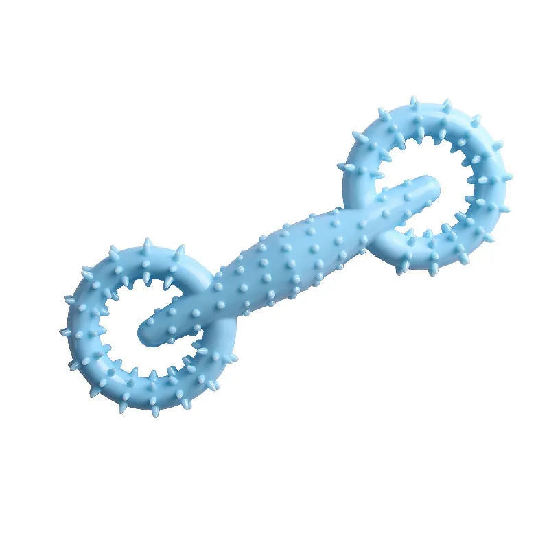 Blue TPR dog chew toy ring on a white background, showing its 16cm diameter and thick ring shape.