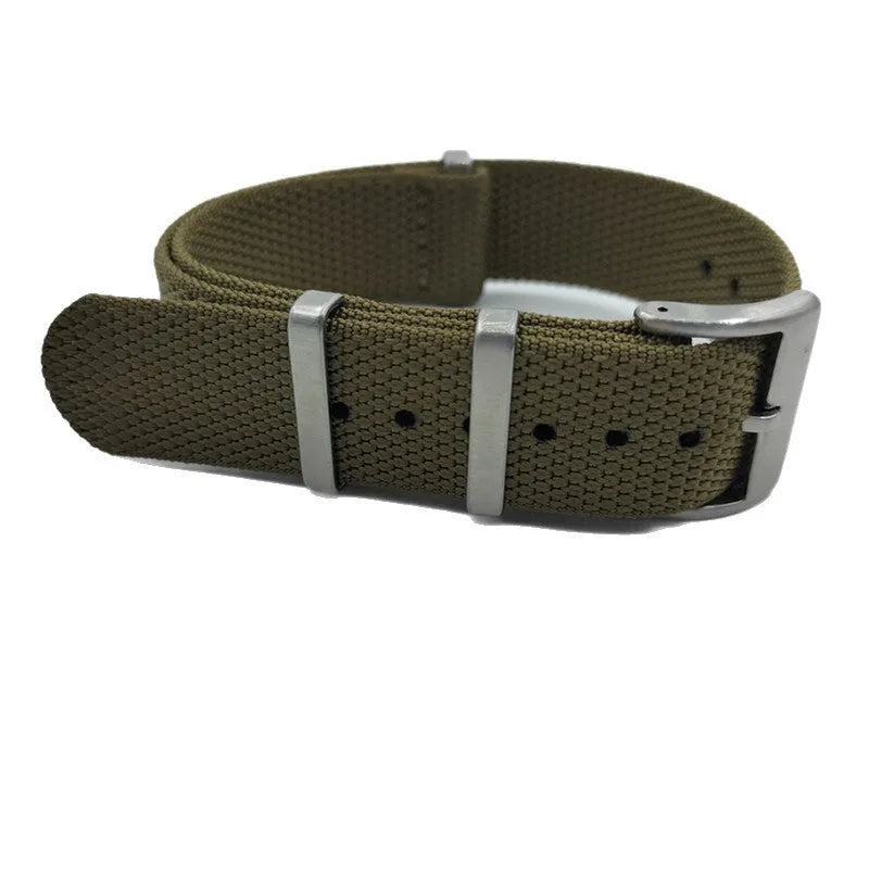 Woven nylon integrated watch strap in Army Green colour, showing 20mm and 22mm width options.