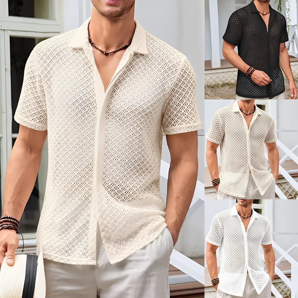 Men's beige cotton blend mesh short sleeve shirt with lapel design