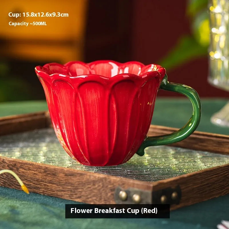 500ml ceramic breakfast cup with pastoral floral pattern and comfortable handle
