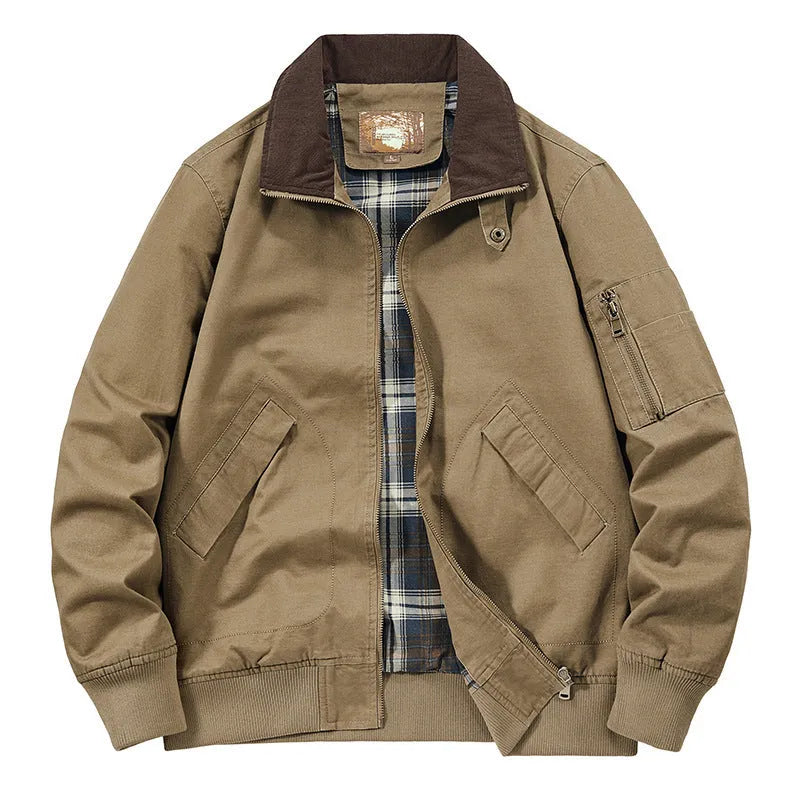 Men's washed cotton baseball flight jacket in Army Green colour on a hanger