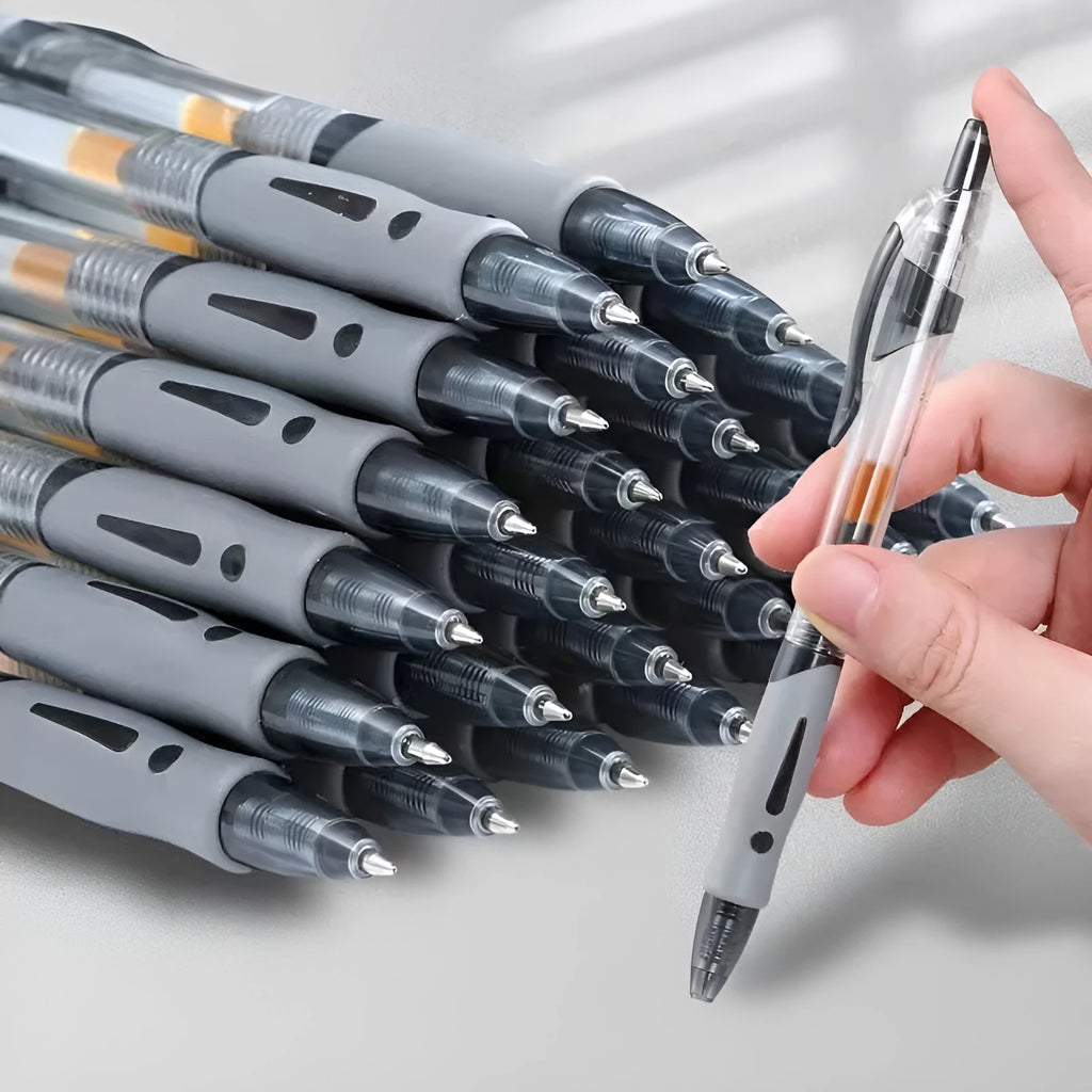 A plastic gel pen with a 0.5mm tip, shown in black, blue and red colour options.