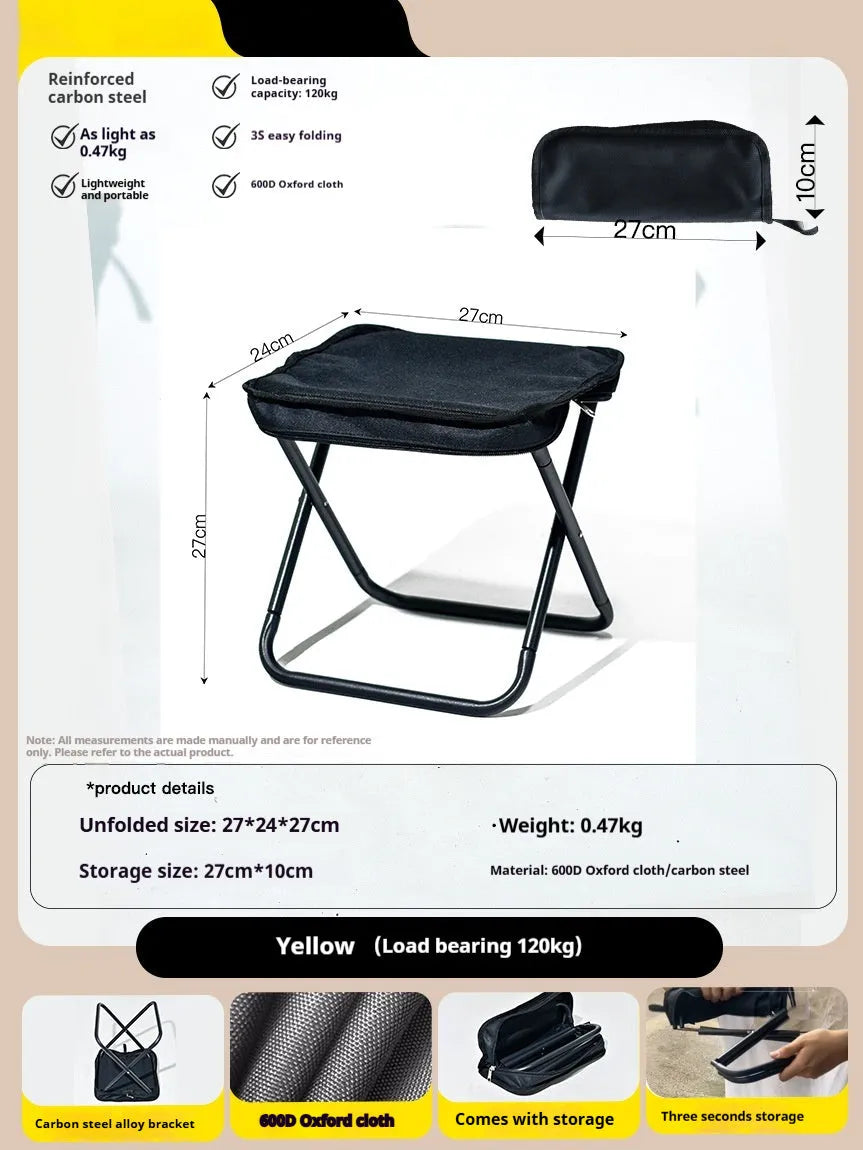 Foldable outdoor camp stool in Oxford cloth shown in a khaki colour, collapsed in its flat pencil box design.