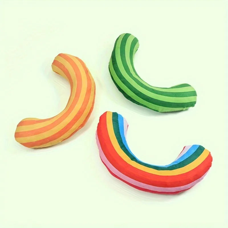 Striped pattern cat pillow measuring 23x20cm with noise toy and catnip elements in green, rainbow, or yellow colours