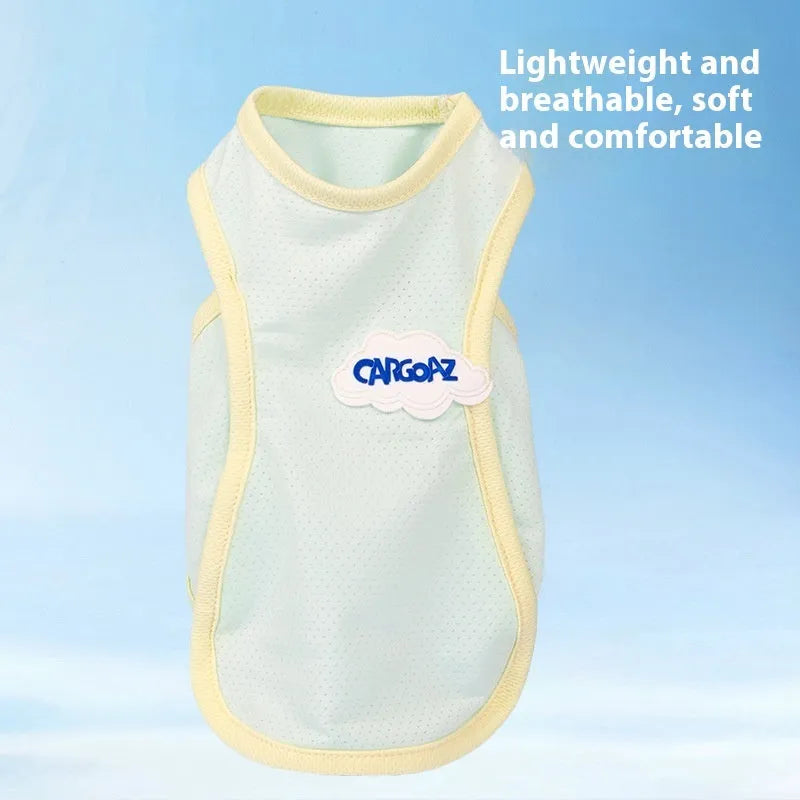 Cat wearing thin polyester summer vest in grass green colour
