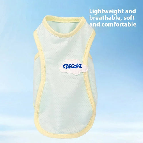 Cat wearing thin polyester summer vest in grass green colour