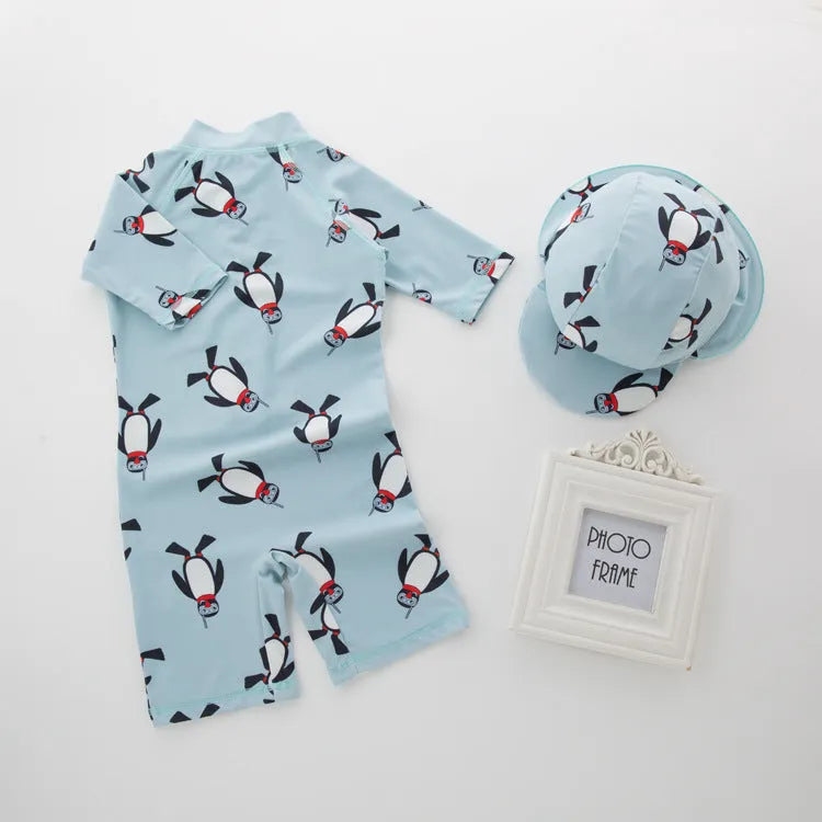 Boys' penguin print long-sleeve one-piece swimsuit with matching swimming cap