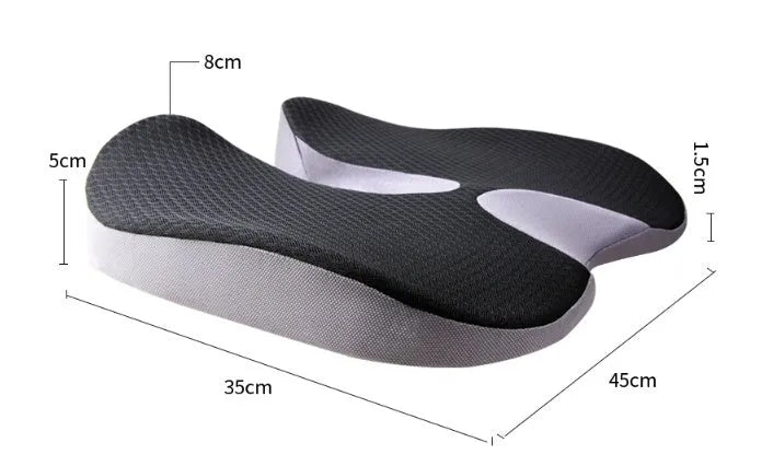 Curved bevel orthopaedic seat cushion for tailbone support in black, grey, brown or beige