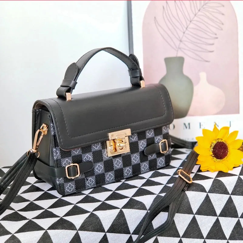 Retro square crossbody bag with ethnic floral stitch patterns and horizontal suitcase shape