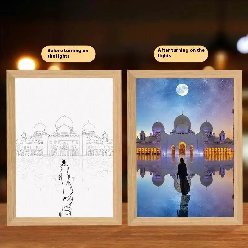 Modern rectangular LED photo frame displaying changeable sea scene artwork with built-in illumination