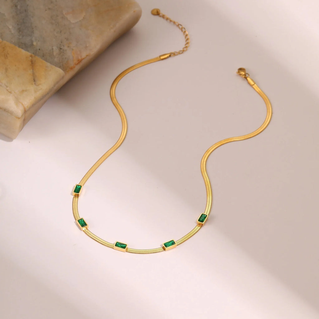 Geometric square zircon necklace on flat snake chain with gold or steel colour electroplated finish