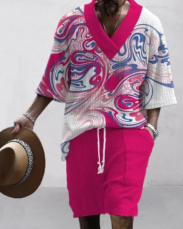 Loose casual short sleeve suit two-piece set in polyester fabric, showing top and shorts.