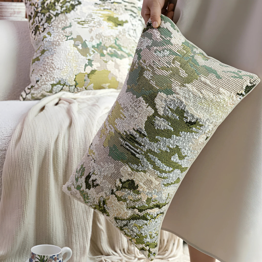 Green wool blended cushion with abstract floral pattern in French antique Chinese style