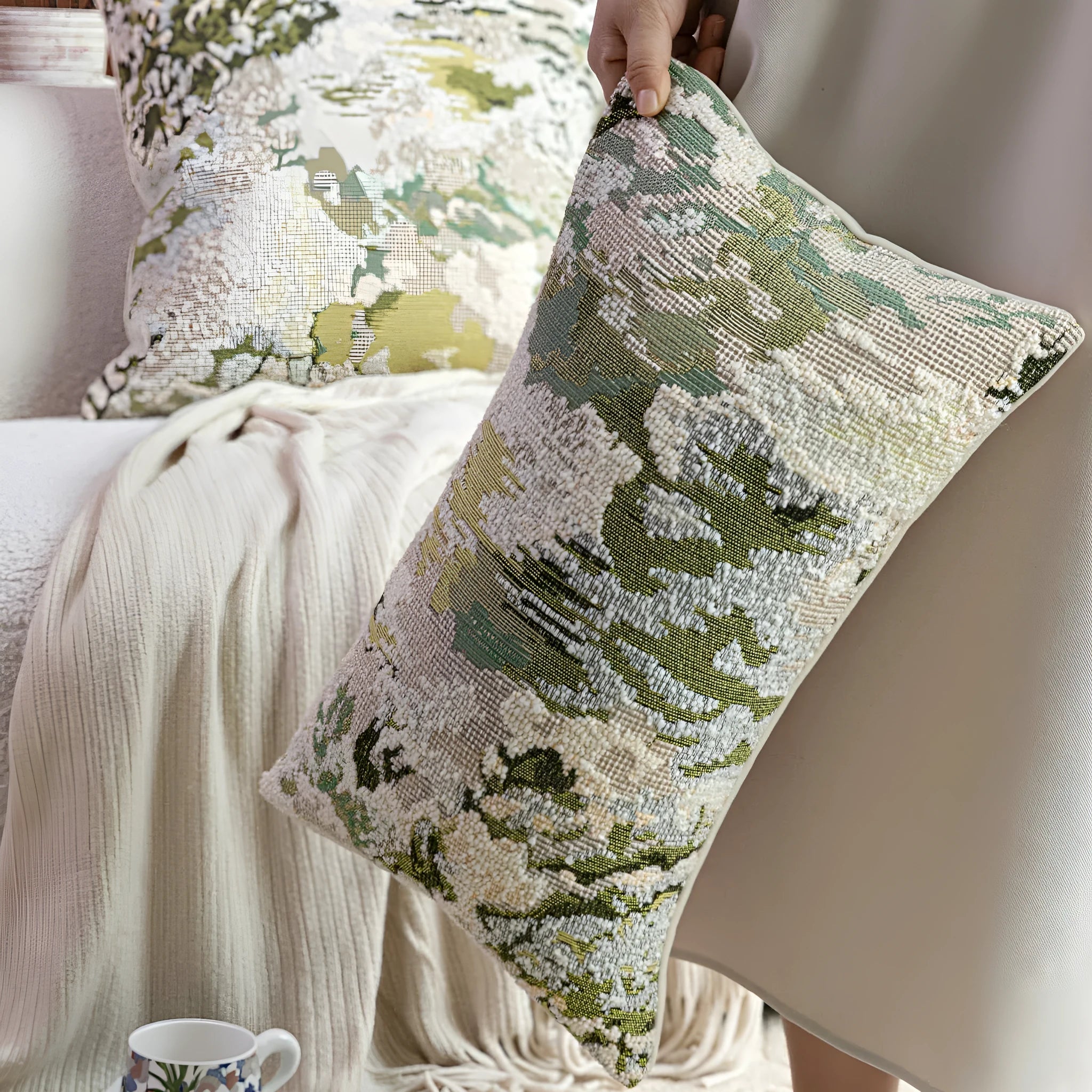 Green wool blended cushion with abstract floral pattern in French antique Chinese style