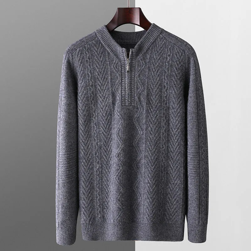 Men's diamond lattice pattern half-zip wool sweater in light camel colour showing front view