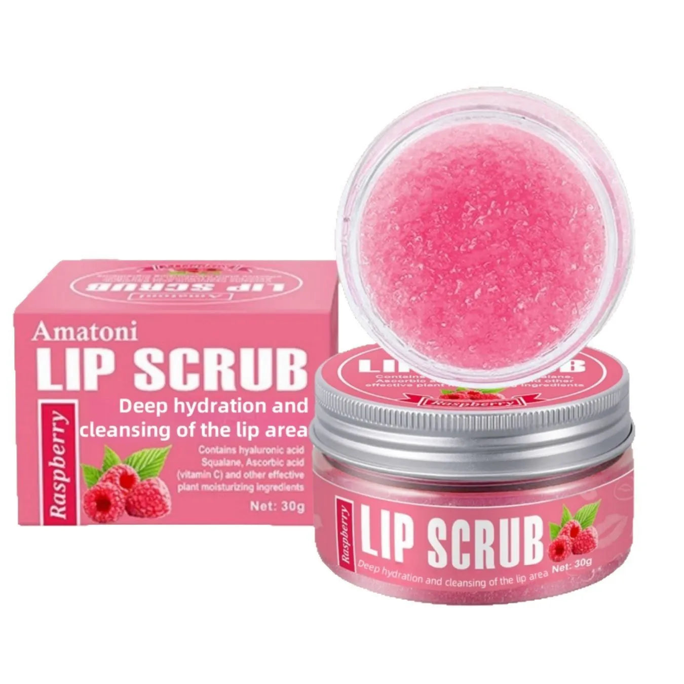 Amatoni lip scrub cream pot in choice of coconut, raspberry, vanilla or watermelon flavour, 30g size