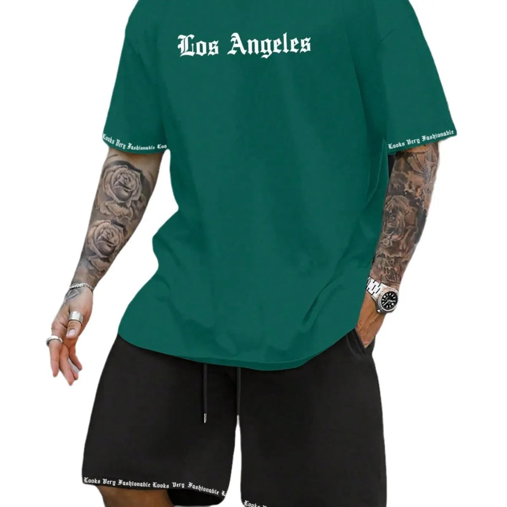 Lightweight quick-dry short-sleeved top and matching shorts sports set on a neutral background.