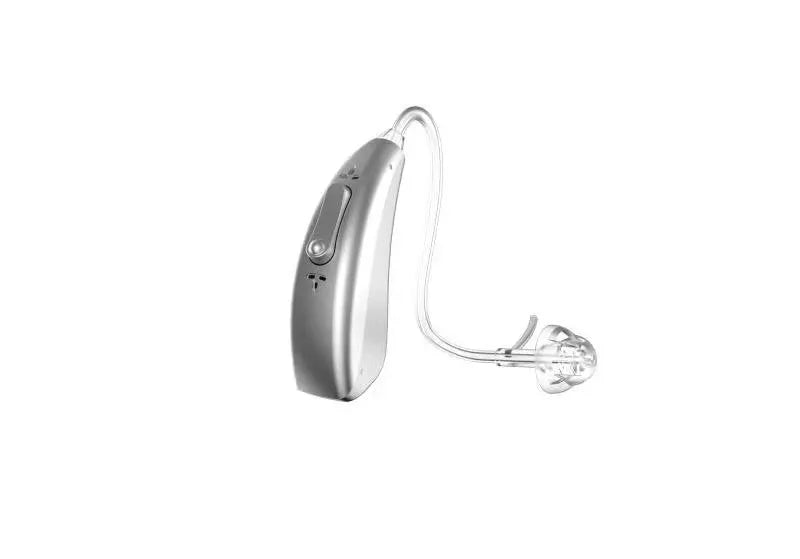 Wireless invisible hearing aid with USB charging case showing three listening mode indicators