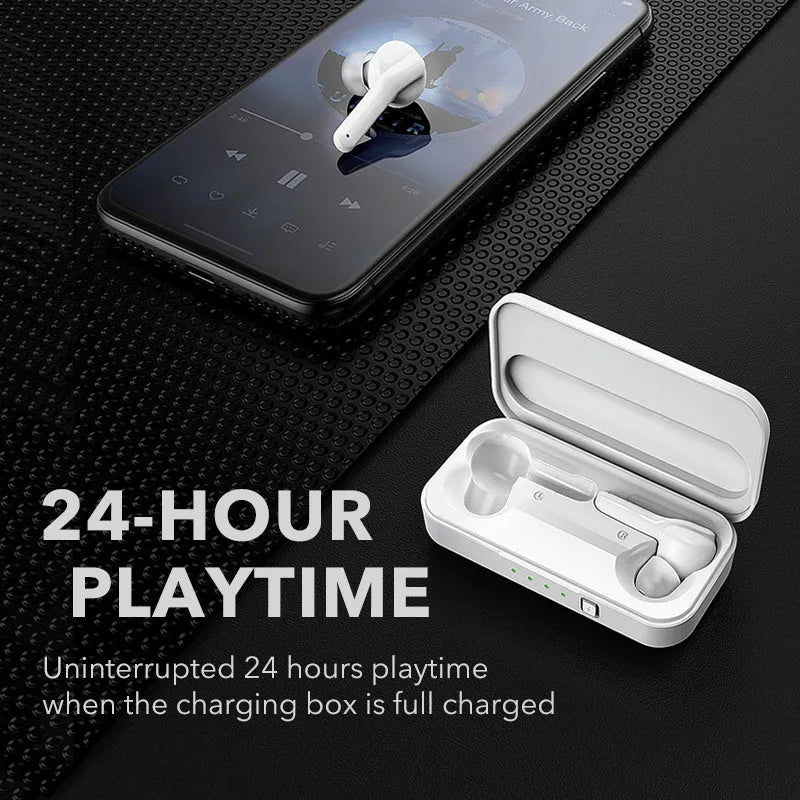 Black and white true wireless Bluetooth earbuds with IPX5 waterproof rating