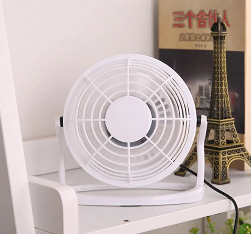 Mini USB desk fan in black colour with adjustable tilt, showing 96mm blades and USB cable