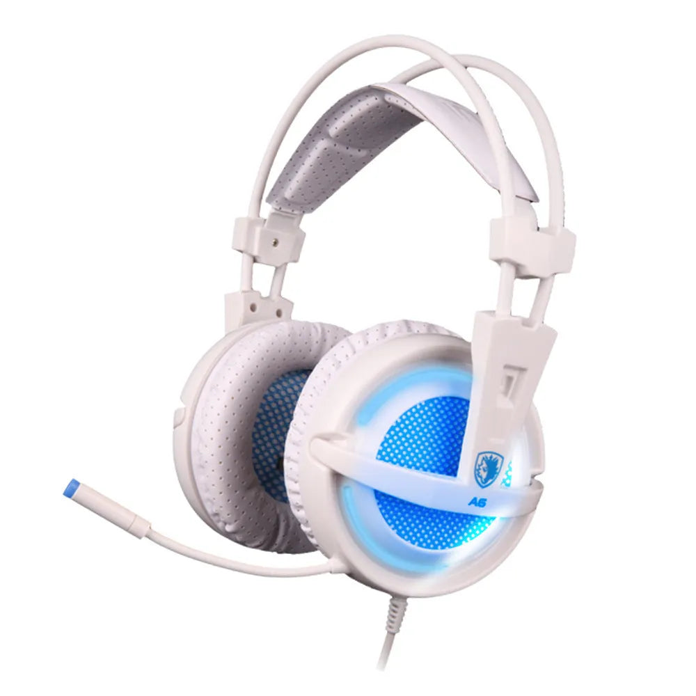 Black and white USB gaming headset with LED lights showing 40mm drivers and padded headband.