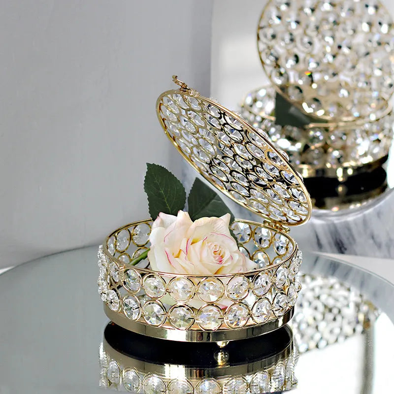 Crystal glass jewellery storage box with French gold metal frame and European design