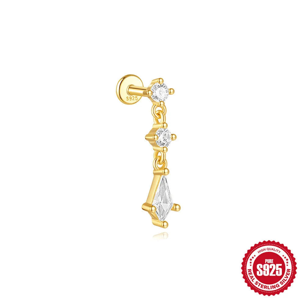S925 sterling silver geometric kite shaped earrings with chain tassel and rhinestone detailing in gold tone finish