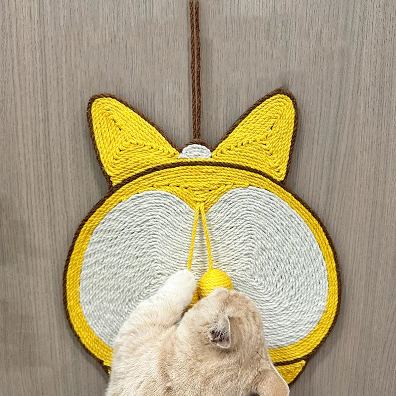 Yellow sisal cat scratching board with Corgi designs, measuring 37x40cm with anti-slip base