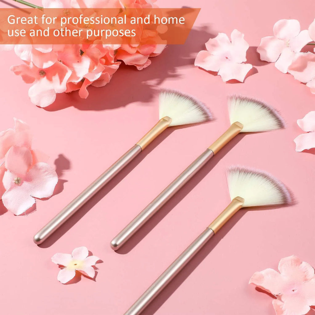 10 professional facial fan makeup brushes with champagne finish and acrylic handles, shown with brush covers.