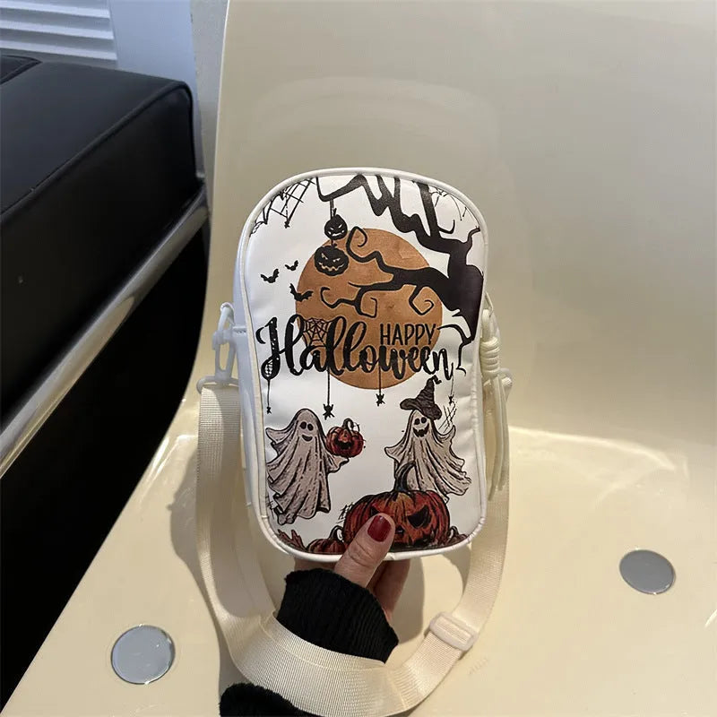 Halloween graffiti print mini crossbody bag with pumpkin ghost bat design in PU material