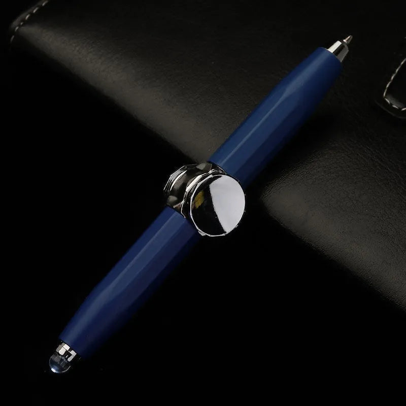 Metal ballpoint pen with integrated fingertip spinner and LED lights, shown in hand