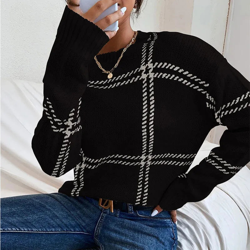 Women's loose fit plaid colour-block acrylic sweater with striped pattern in apricot, black, beige, red, and green