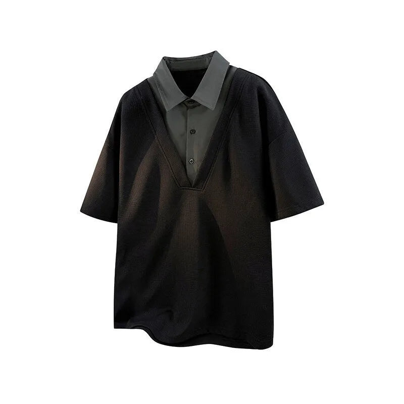 Men's thin heavy Henry collar polo shirt sweater in spandex, short sleeve pullover in apricot colour.