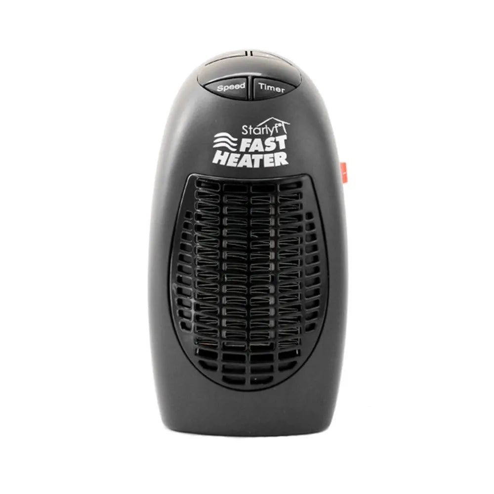 Black mini ceramic electric heater with digital display and rotating plug on white background