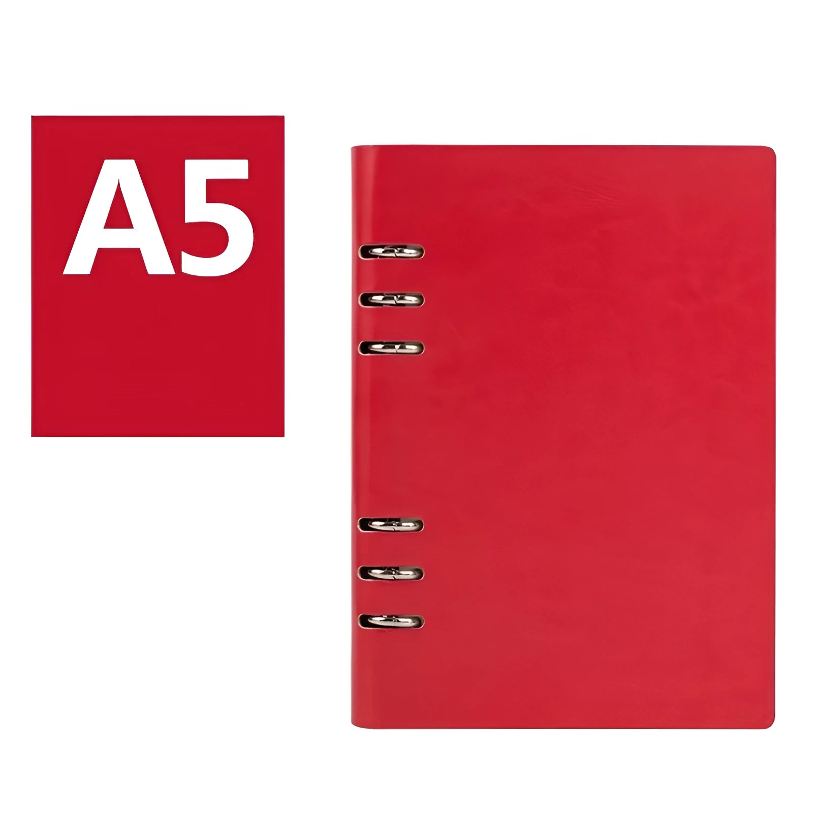 Loose-leaf business notebook with imitation leather cover in five colour options, shown in A5, A6, and B5 sizes.
