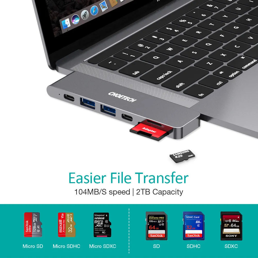 Aluminium alloy USB-C hub with SD card reader, HDMI, USB 3.0, and charging ports