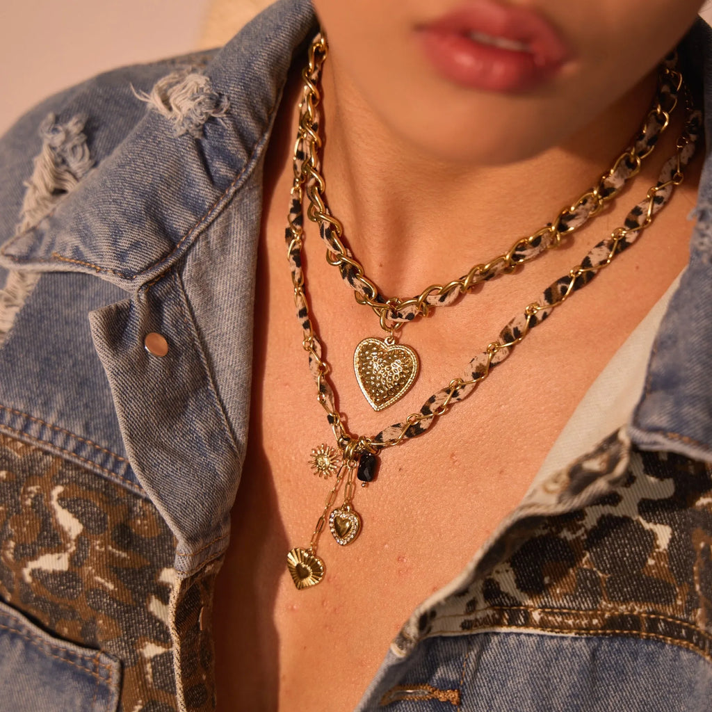 Stainless steel leopard love pendant necklace with 18K gold electroplating on adjustable chain