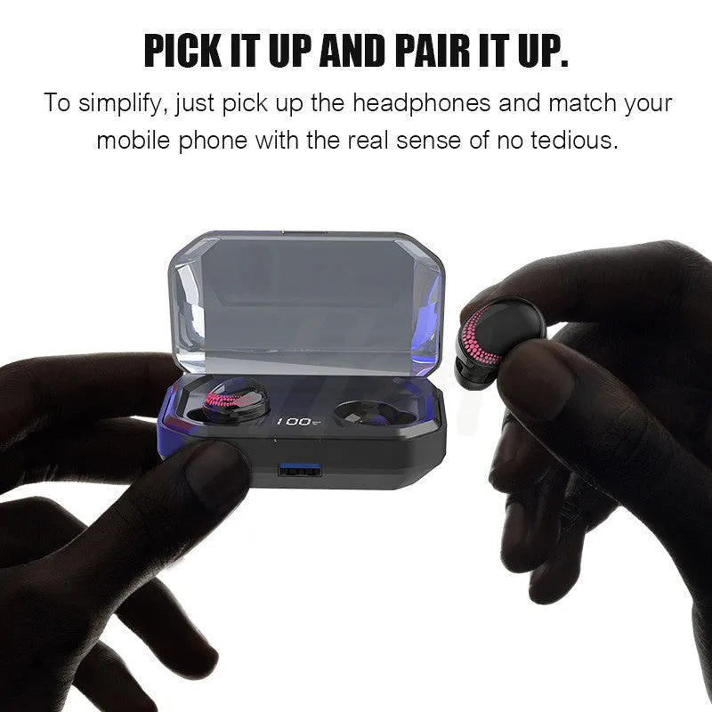 Black X10 Bluetooth wireless headset with its charging case on a white background