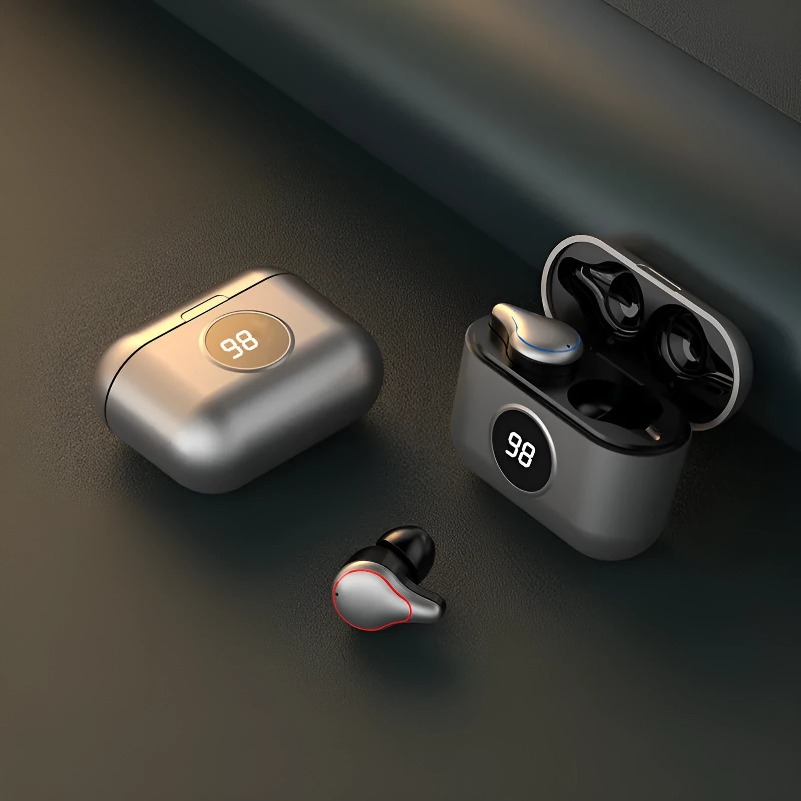 Black and blue Bluetooth wireless earbuds with in-ear earplug design for stereo sound