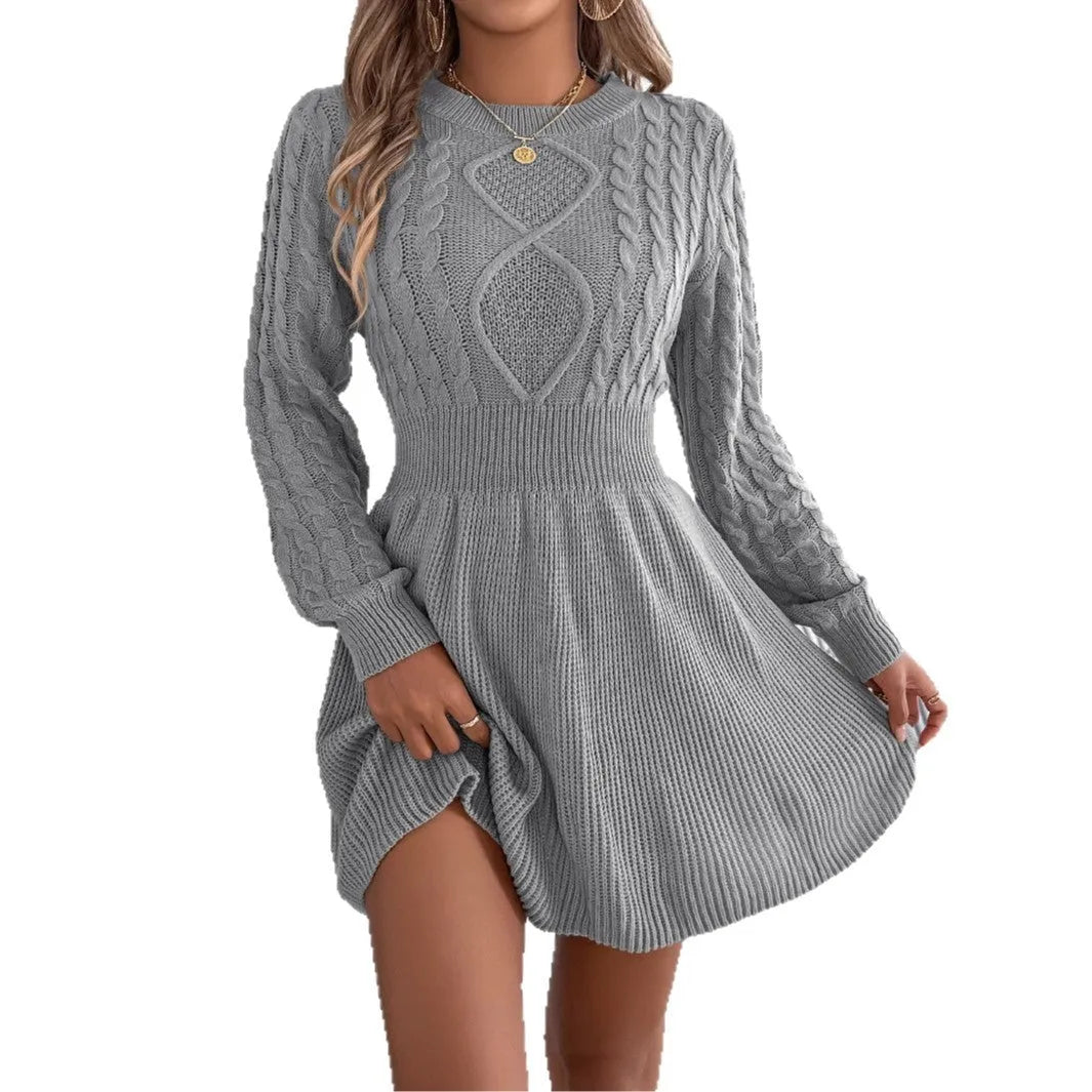 Women's solid colour acrylic artificial fur sweater dress with lantern sleeves and twist waist